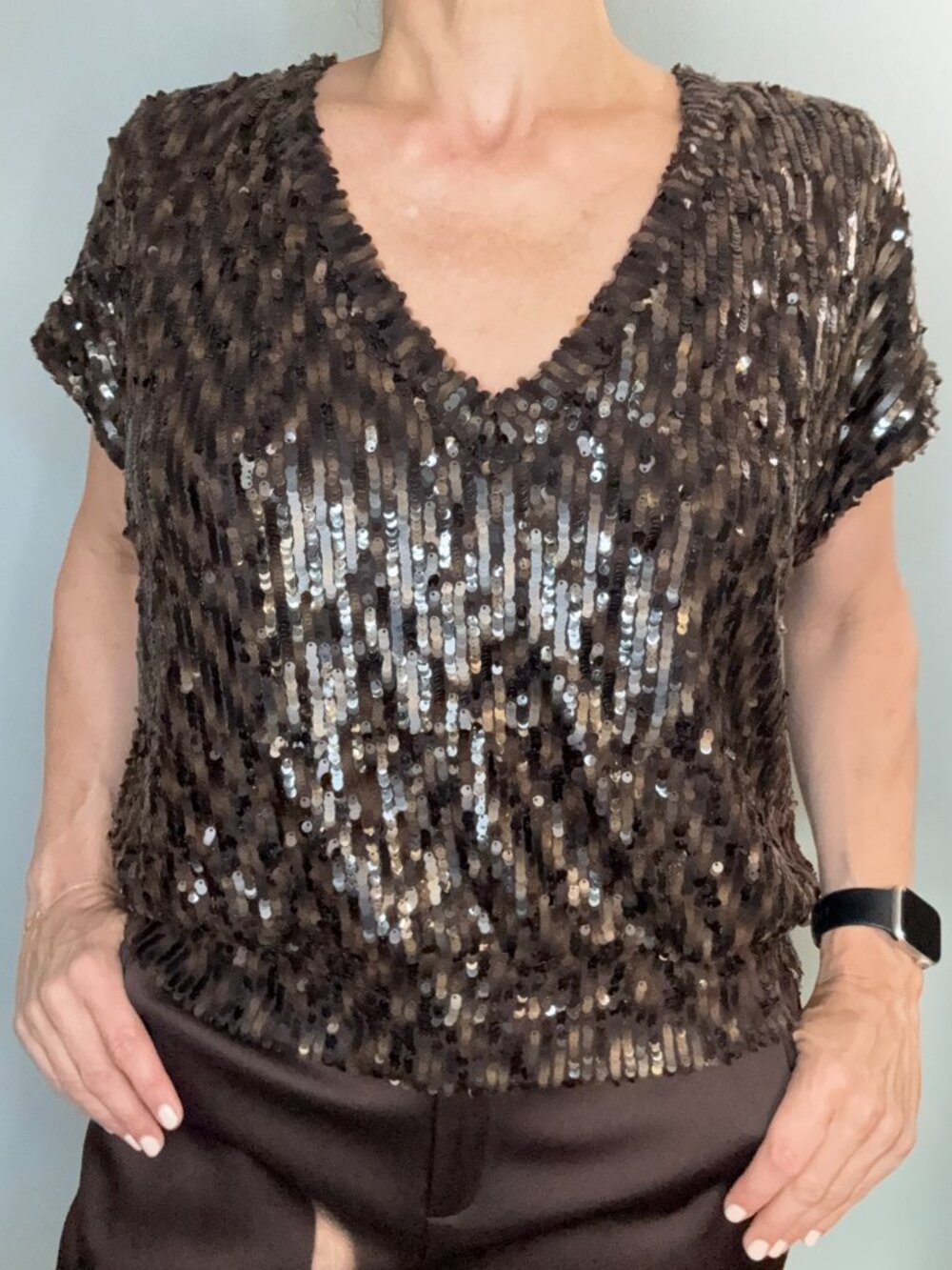Kevan Hall top, brown, sequin embellished throughout.